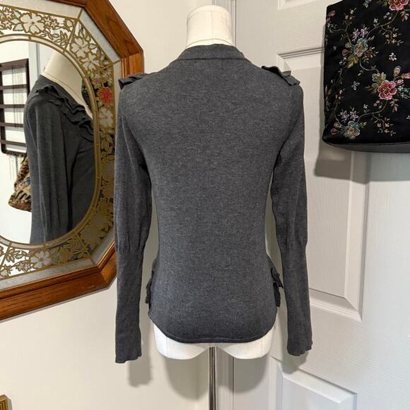 JW Petite Charcoal Grey Cotton Blend Ruffled Button Up Preppy Cardigan Top M - Picture 4 of 7